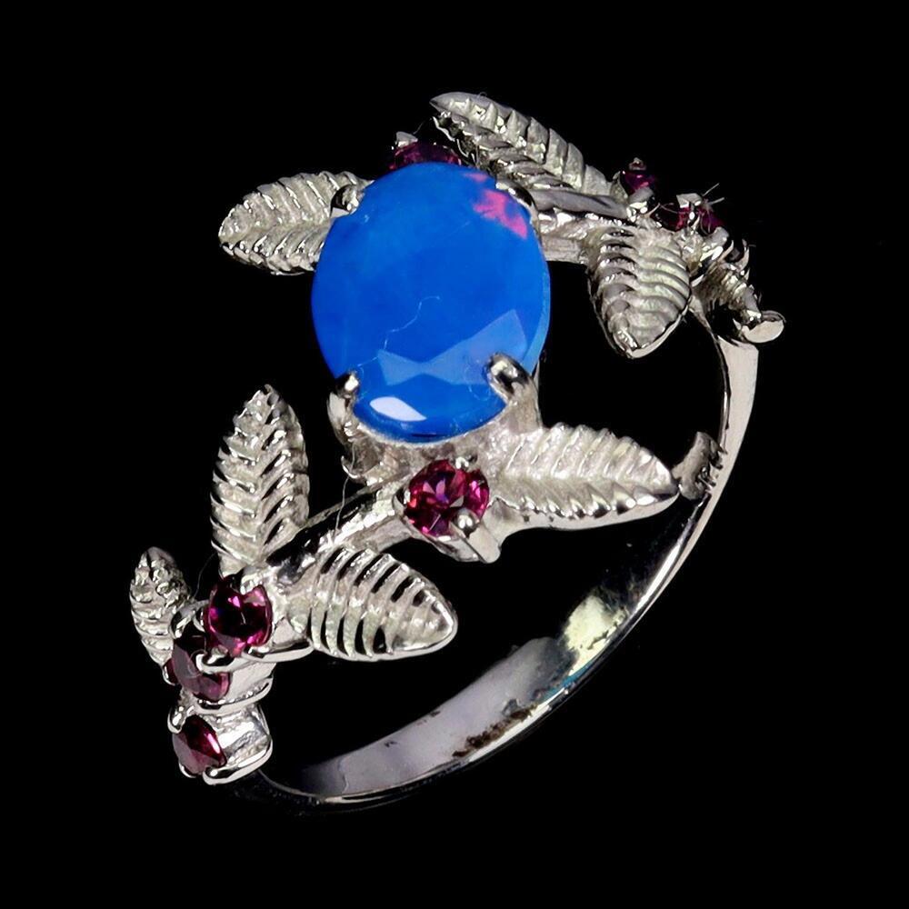 925 Sterling Silver Ring Oval Blue Opal 8x6mm Rhodolite Gemstone Jewelry Size 7 - Picture 2 of 3